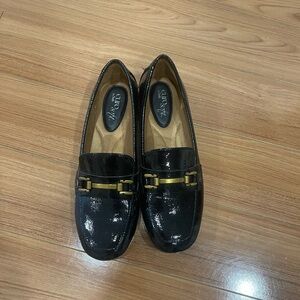 Black Patent Loafers with Gold Hardware